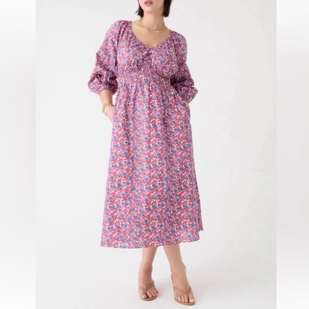 J. Crew Smocked Waist Floral Cotton Midi Dress